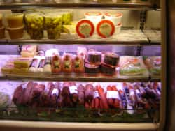 Meats and cheeses on display