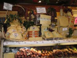 Cheeses and meats on display