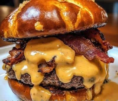 Beer Cheese Bacon Smash Burger on Pretzel Bun