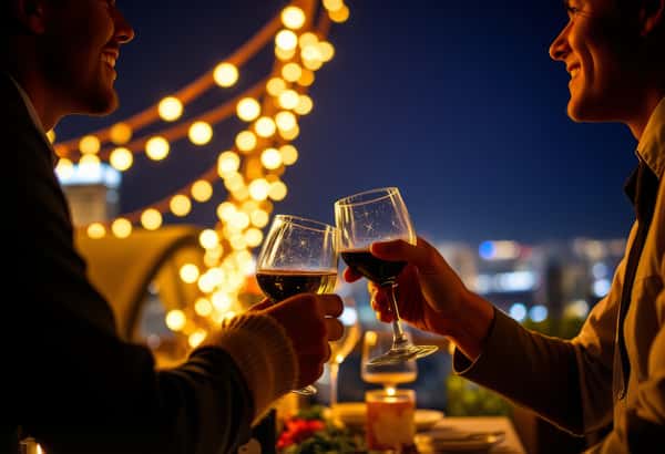 Couple cheers under string lights