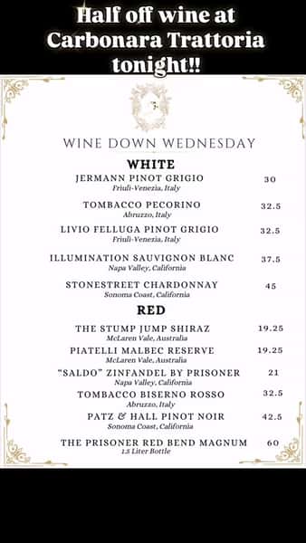 🍷 Wine Down Wednesday is here! Join us tonight, Wednesday June 11, for half off select bottles of wine at Carbonara Trattoria. Whether you’re pairing with pasta or just unwinding midweek, there’s no better way to sip and savor. Walk-ins welcome, reservations recommended. Cheers! 🥂