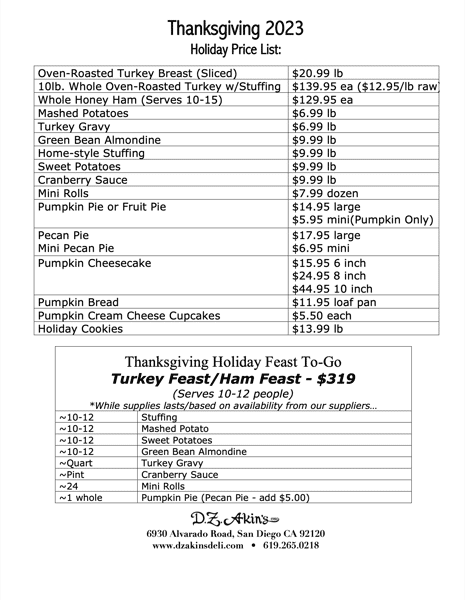 Thanksgiving Price List D.Z. Akin's Restaurant