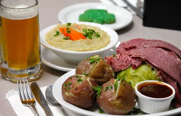 Corned Beef and Cabbage St. Patricks Say Special with Parsley Potatoes, Potato Soup and a Clover Cookie