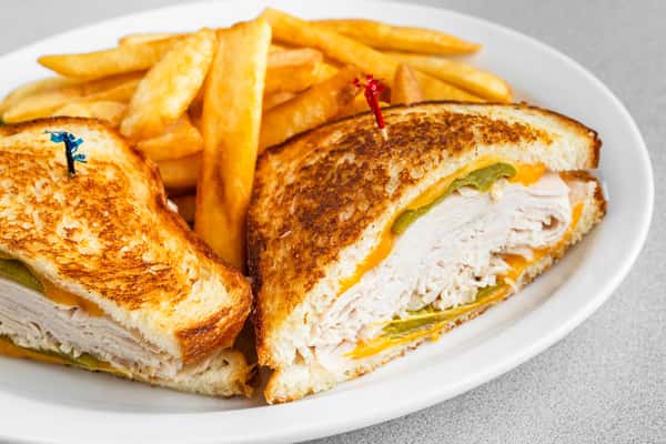 Roast beef or turkey Ortega melt on toasted bread