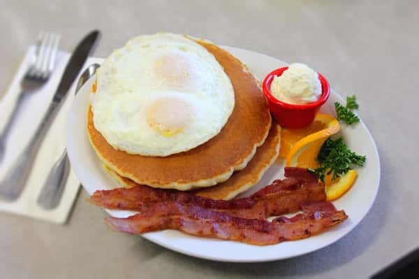 Pancake Bacon and Eggs breakfast special