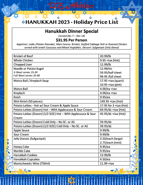 Hanukkah Price List
