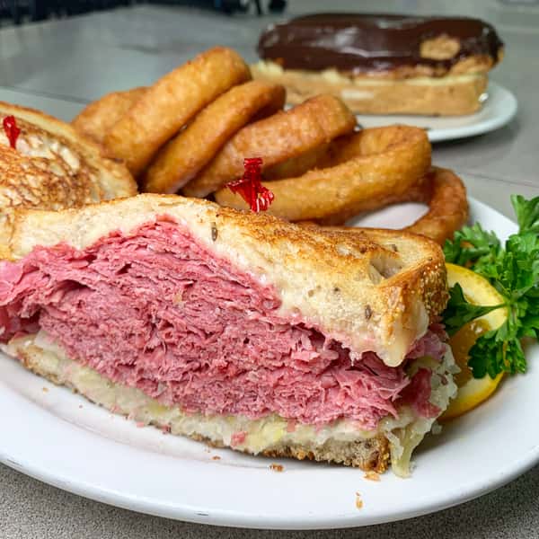 Pastrami Reuben with Onion Rings