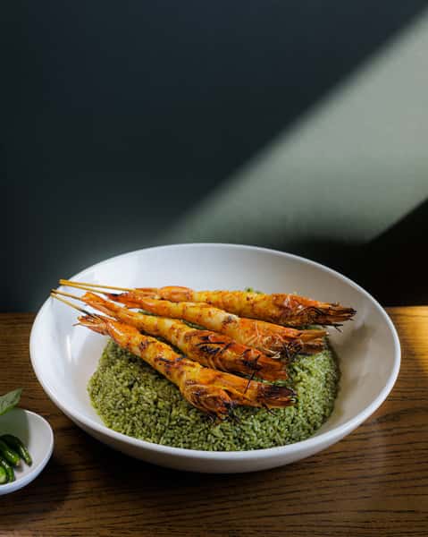 Spicy Thai Basil Rice with Grilled Shrimp