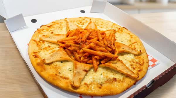 Freshly baked pizza topped with penne pasta, melted cheese and Italian-style sauce from Ciao Bella in Westhill