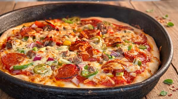 Deep dish pizza with a thick golden crust, melted cheese and Italian-style toppings from Ciao Bella in Westhill