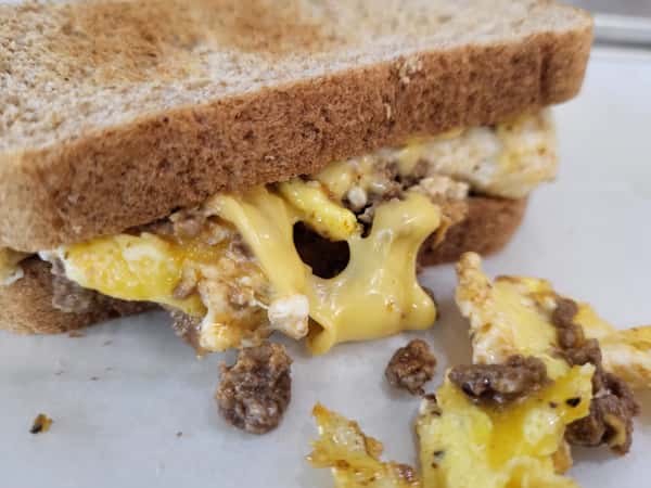 "SHIPWRECK" (Sausage Egg & Cheese Scramble on Bread)