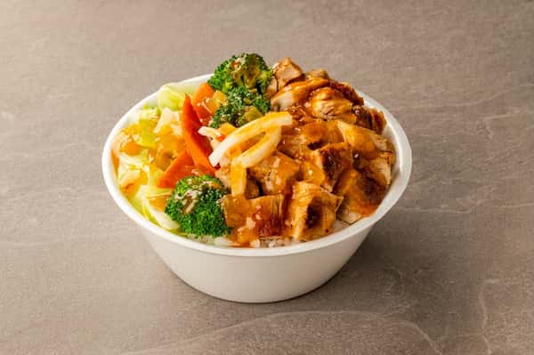 B&C Teriyaki chicken rice bowl with broccoli, carrots, cabbage, onions, and savory teriyaki sauce