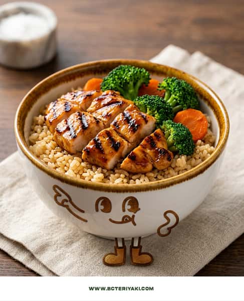 B&C Teriyaki grilled chicken rice bowl with broccoli and carrots served in a playful mascot bowl
