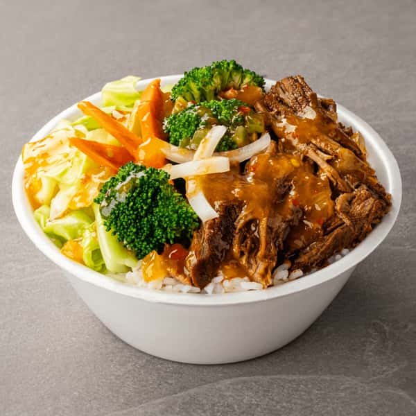 B&C Teriyaki beef rice bowl with broccoli, carrots, cabbage, onions, and savory sauce