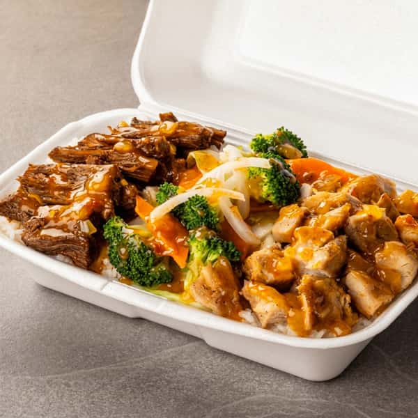 B&C Teriyaki combination plate with beef, chicken, rice, broccoli, carrots, cabbage, and savory sauce
