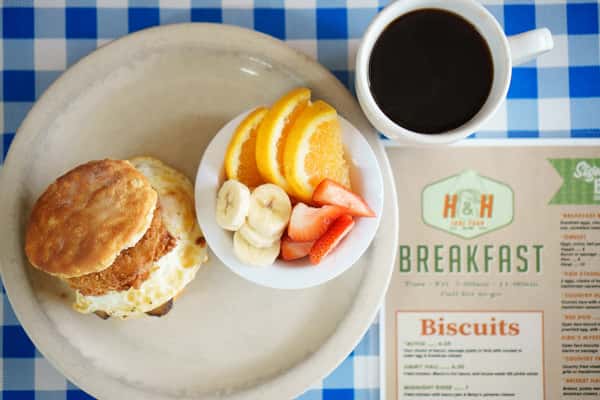 Biscuit sandwich and fresh fruit
