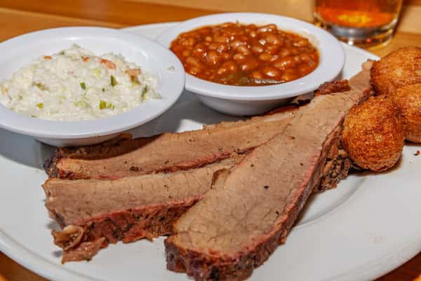 Brisket Platter And Hush Puppies With Baked Beans And Coleslaw