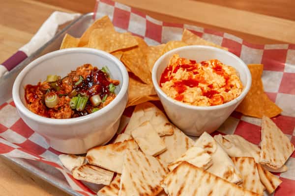 Buffalo Chicken Dip And Smoked Brisket Dip With Tortilla Or Pita Chips