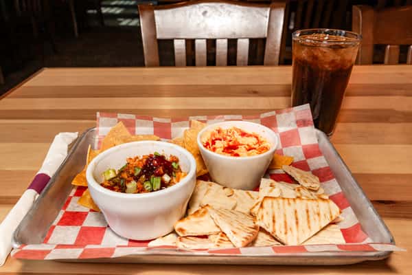 Buffalo Chicken Dip And Smoked Brisket Dip With Tortilla Or Pita Chips