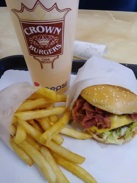 burger with fries and a drink