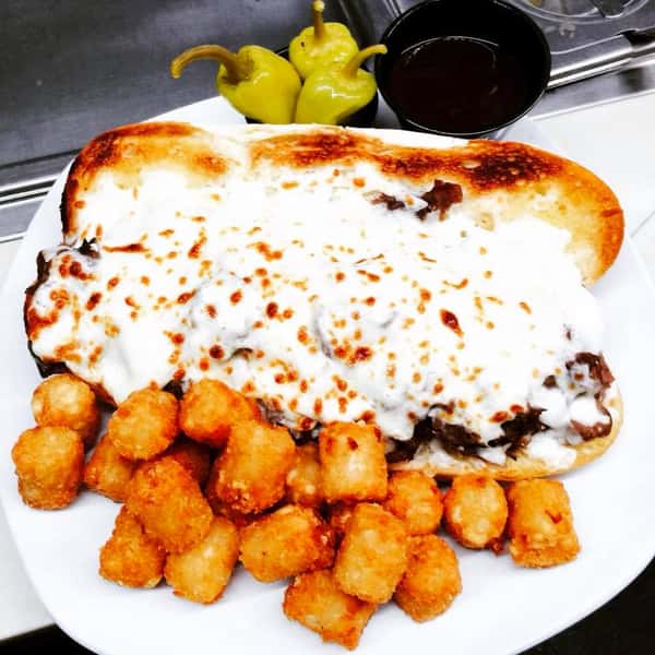 Steak and Cheese Hero with a side of tater tots