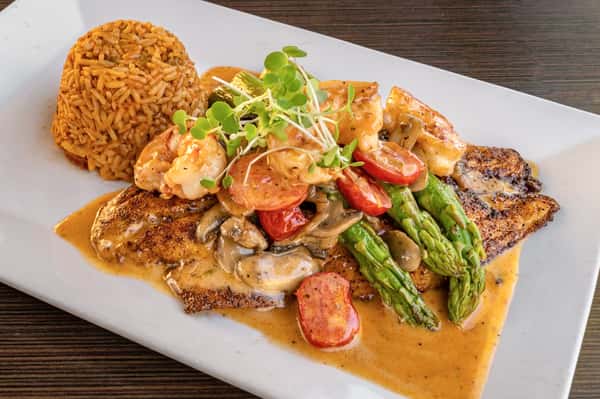 Blackened Fish with Shrimp and Asparagus