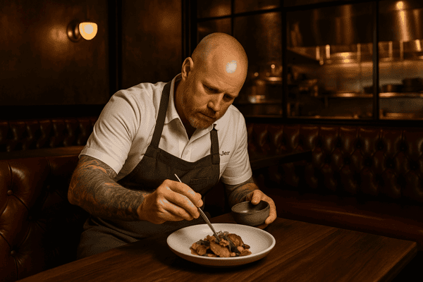 Chef Jeremy Ford plating a holiday dish inside Stubborn Seed at Resorts World Las Vegas.
