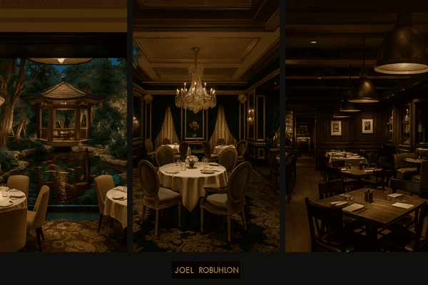 Diagram showing lighting levels, acoustic treatments, and tableware influence in fine dining restaurant interior.