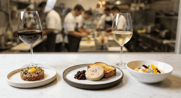Gourmet tasting menu dishes from Stubborn Seed including Wagyu tartare and dessert.