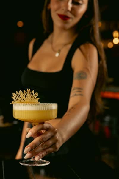 Bartender presenting an elegant frothy cocktail with a decorative garnish in a dimly lit bar.