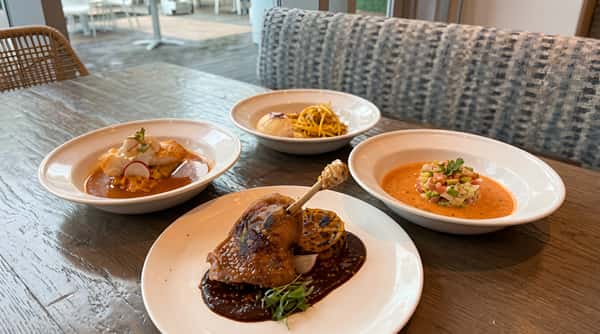 Four dishes: roasted duck confit, red snapper with broth, yellow pasta, and ceviche on red sauce.