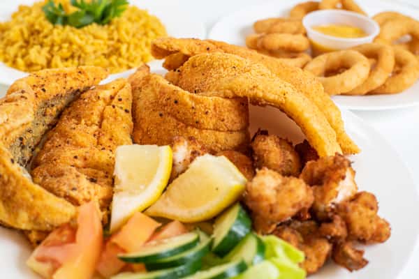 #74. 3 Pieces Tilapia, 4 Pieces Medium Shrimps, Rice or French Fries & Can Soda