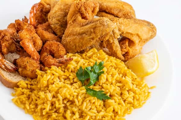 #77. 5 Chicken Wings, 12 Medium Shrimp, Rice or French Fries & Can Soda