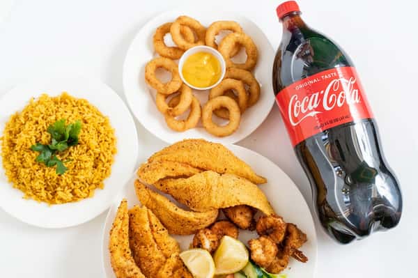 # 75. 2 Pieces Catfish, 4 Pieces Medium Shrimp, Rice or French Fries & Can Soda