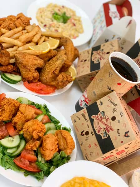 # 72. 4 Wings, 4 Pieces Medium Shrimps, 2 Pieces Fish, Rice or French fries & a Can Soda