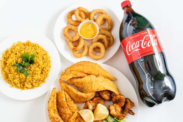 # 75. 2 Pieces Catfish, 4 Pieces Medium Shrimp, Rice or French Fries & Can Soda