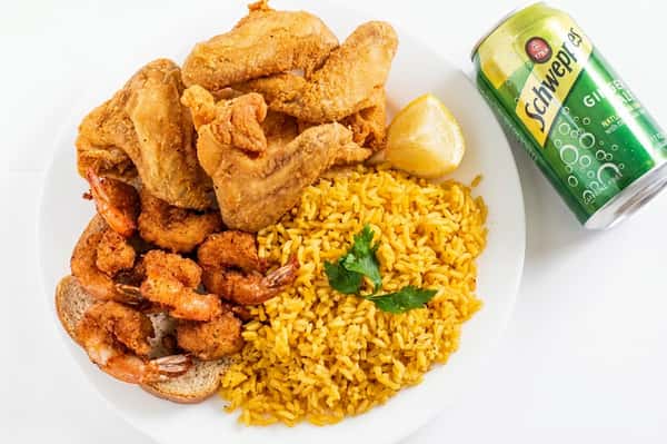 #76. 3 Pieces Whiting Fish, 8 Pieces Medium Shrimp, Rice or French Fries & a Can Soda