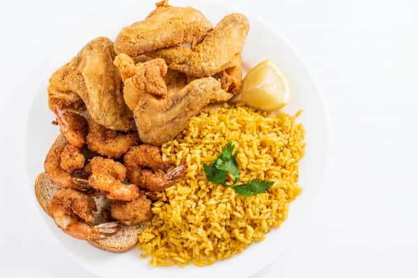 #80. 4 Wings, 4 Pieces Medium Shrimp, Rice or French Fries & Can Soda