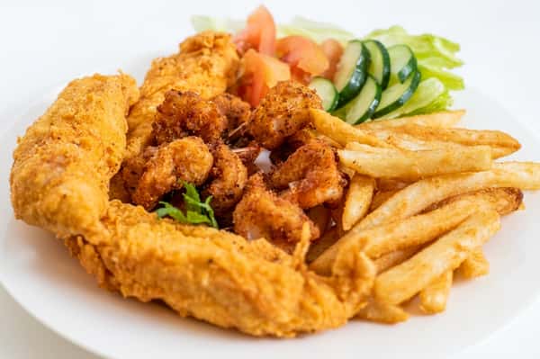 #79. 2 Pieces Chicken Tender, 8 Pieces Medium Shrimp, Rice or French Fries & Can Soda