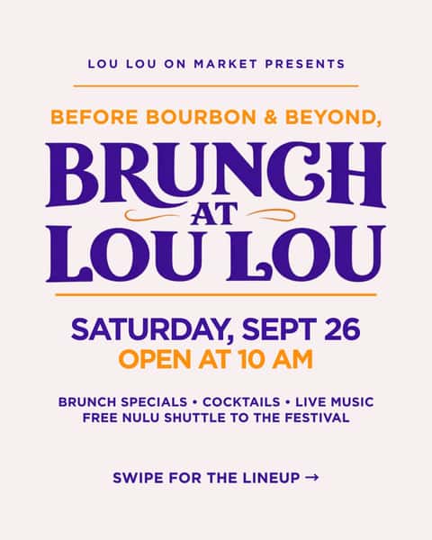 🎷 Your festival lineup could use some crawfish biscuits and gravy.

Start Saturday at Lou Lou on Market before heading to Bourbon & Beyond. We’re opening at 10 AM with brunch specials, cocktails, and The Busketeers live on the patio from 10:30 AM to 2:30 PM.

Think shrimp & grits, Bananas Foster French Toast, and a Creole Bloody Mary to go with the music. Plus, catch the free NuLu shuttle to the festival.

Swipe for the full lineup, send this to your festival crew, and come see us Saturday, September 26!