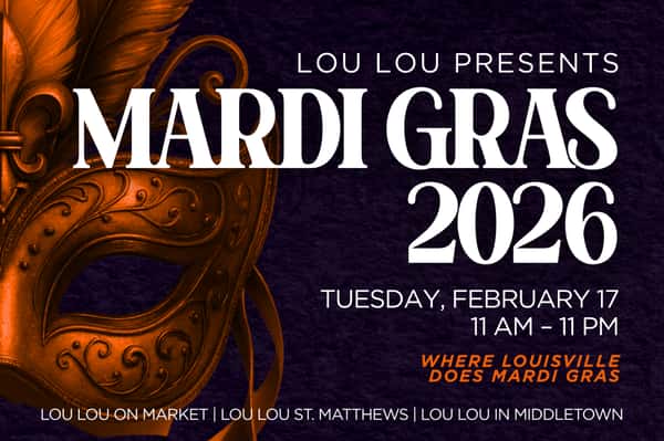 Mardi Gras 2026 event poster by Lou Lou featuring a gold masquerade mask and feather on a dark purple background in Louisville.