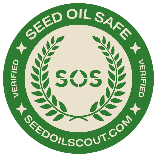 "Seed Oil Safe" verification logo with laurel branches, SOS acronym, and website text. Green and beige circular design.