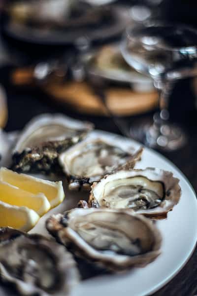 Fresh oysters on the half shell served with lemon wedges on a white plate, accompanied by a glass of white wine.