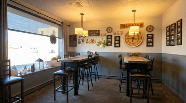 Restaurant interior with tall tables and high bar stools, wall decor, and a large window with a roller blind.