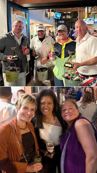 Two photos of groups enjoying the outdoor patio