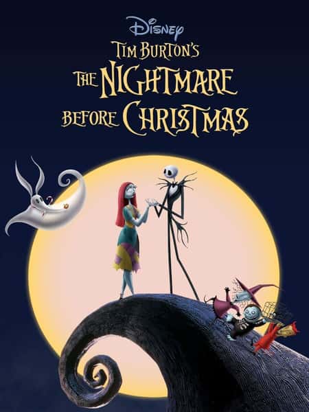 Movie poster for The Nightmare Before Christmas featuring Jack Skellington, the Pumpkin King, standing atop a hill with a full moon in the background. Surrounding him are spooky trees and various characters from the film, creating a whimsical and eerie atmosphere. The title 'The Nightmare Before Christmas' is displayed prominently at the top.