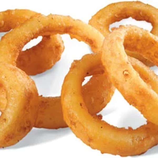 Golden, crispy onion rings with a crunchy batter coating.