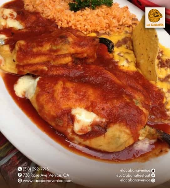🍽️ Say hello to your new fave—Chile Relleno Rice & Beans at La Cabaña Venice! Your taste buds will thank you! 🌶️✨ 🌐www.lacabanavenice.com 📞 (310) 392-7973 📍738 Rose Ave. Venice, CA
