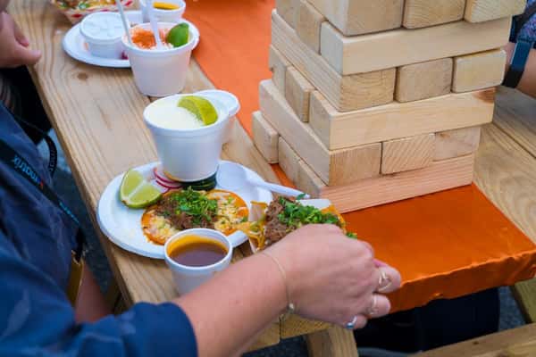 table with food and wood blocks