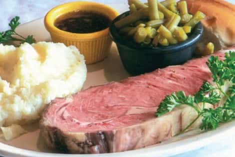 Beef Steak served with mushed potatoes, side green beans and a dipping sauce